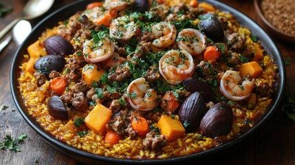 Aromatic Saffron Rice with Shrimp, Ground Meat and Roasted Vegetables