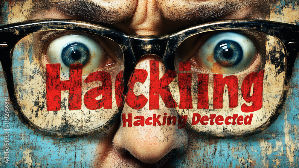 Poster hacking detected: close-up of a shocked face behind thick glasses, with the word 