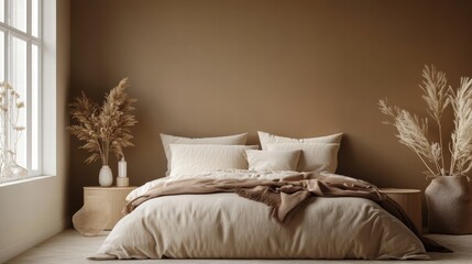 bedroom with bed and pillows in stylish mocha mousse tone