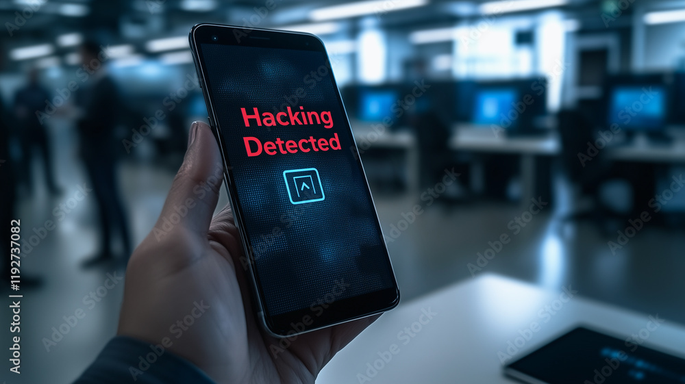 Poster hacking alert: a hand holds up a smartphone displaying a stark red warning 
