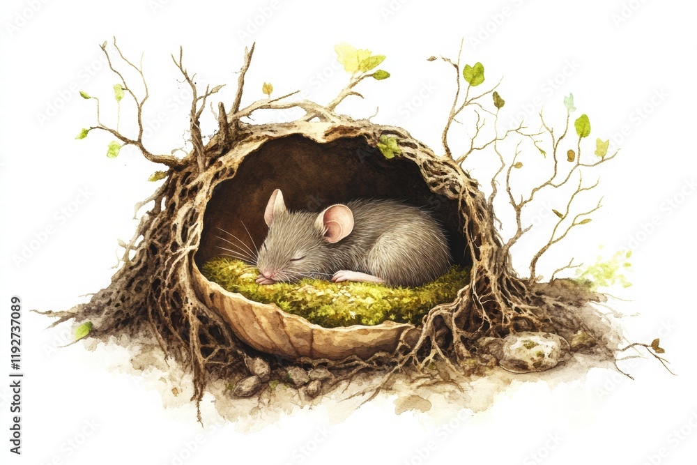 Poster sleeping mouse nestled in a cozy nest made of wood and moss surrounded by natural elements during a 