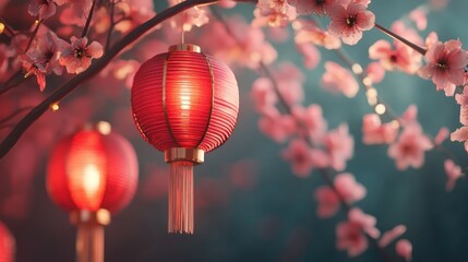 Red lanterns, cherry blossoms, garden, glowing, festival