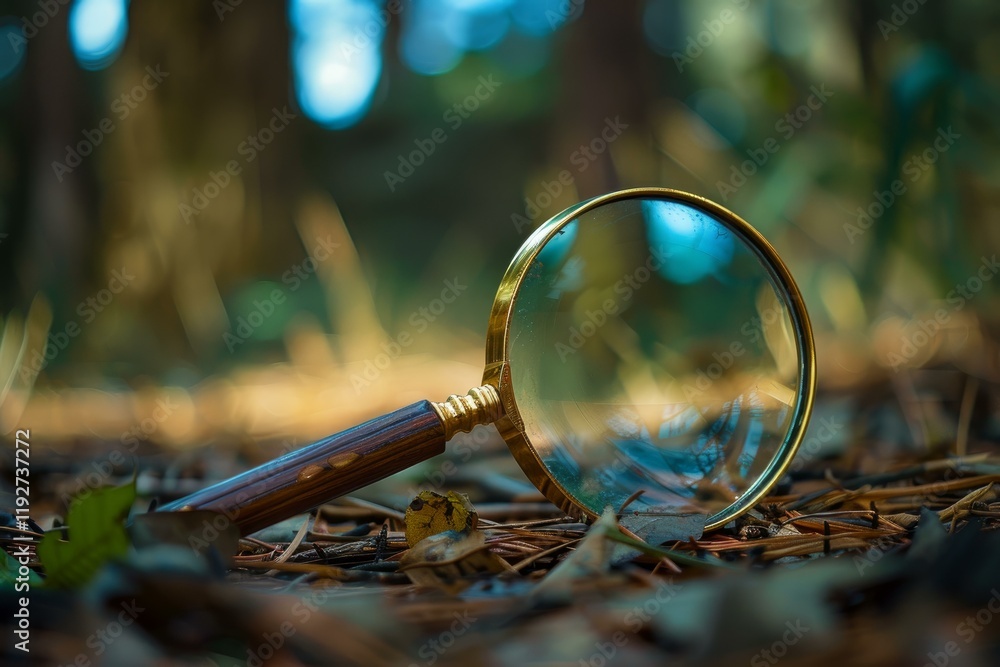 Poster magnifying glass is lying on the forest floor with the trees out of focus in the background