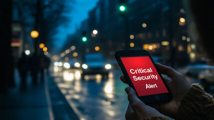 Cybersecurity Alert on Smartphone: A close-up view of a person holding a smartphone displaying a critical security alert on the screen, creating a sense of urgency and vulnerability.