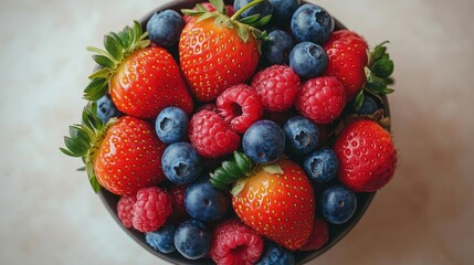 Obraz premium A Colorful Bowl of Fresh Berries: Strawberries, Blueberries, and Raspberries