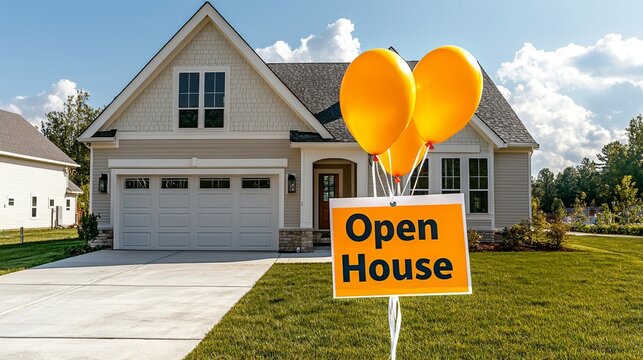 House with Open House banner, balloons, cheerful exterior