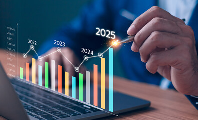 2024 to 2025 business financial plan market concept, performance of profit growth on 2024, education trend up finance on growth graph money revenue, Businessman analyzes profitability of working.