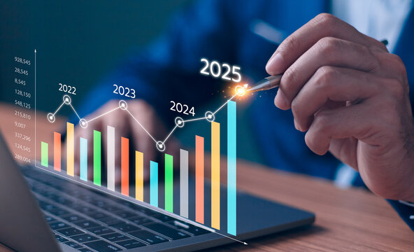 2024 to 2025 business financial plan market concept, performance of profit growth on 2024, education trend up finance on growth graph money revenue, Businessman analyzes profitability of working. - Powered by Adobe