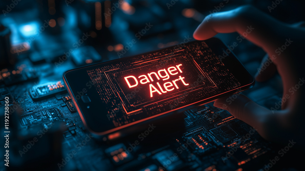 Poster cybersecurity threat alert: a hand holds a smartphone displaying a stark red 