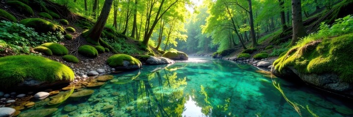 Naklejka premium Crystal clear spring river meanders through awakening forest, spring, outdoor, flora