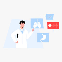 Male doctor explaining human organs in flat vector illustration symbolizing health education, medical expertise, and anatomy knowledge, isolated on white background.