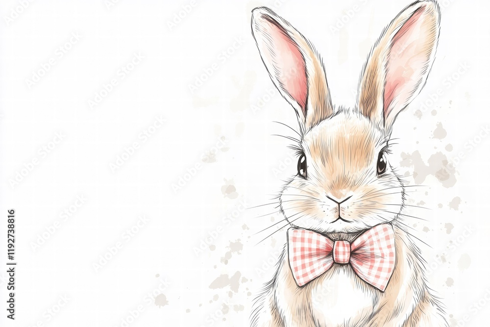 Aufkleber cute illustrated rabbit wearing a checkered bow tie against a light background with subtle texture. 