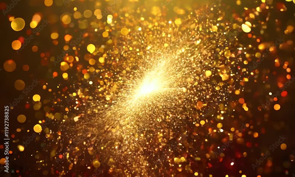 Poster a mesmerizing abstract background with golden glowing particles, sparkling bokeh effects, and shimme