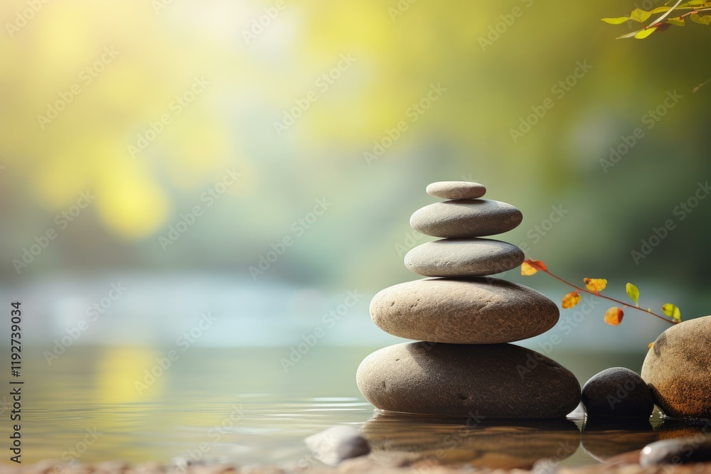 Poster relaxing composition with stacked zen stones balancing in water with sunlight and bokeh effect