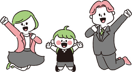 入学式でジャンプする家族（男の子バージョン）