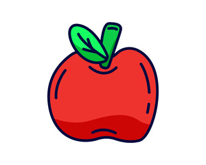 Red apple png. Apple doodle cartoon illustration. Apple with green leaves. Vector Illustration. Transparent background
