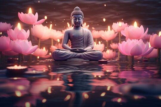 Serene buddha statue meditating amidst pink lotus flowers and glowing candles, creating a tranquil spiritual atmosphere