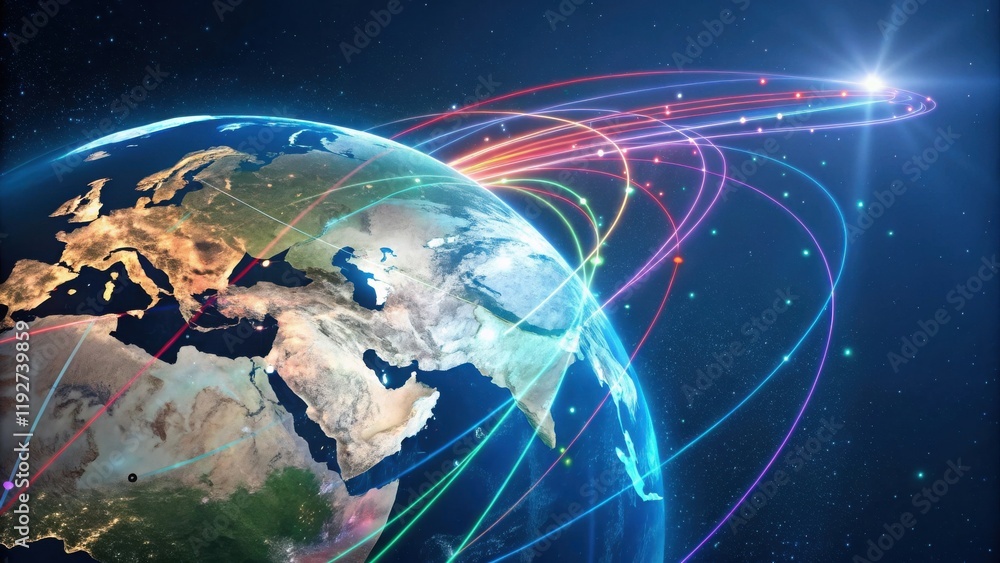 Poster a vibrant depiction of earth with colorful lines representing global connectivity and data flow acro