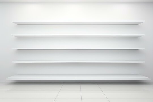 White empty shelves on a white wall in a minimalist style room with tiled floor