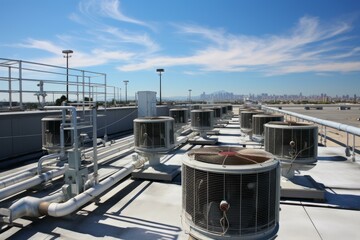Industrial rooftop hvac units are cooling a large building, with a city skyline visible in the distance on a sunny day