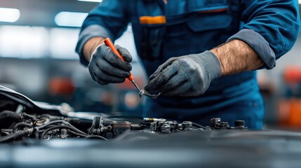 Mechanic Working on Engine in Automotive Workshop