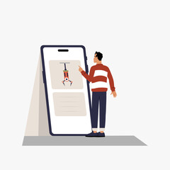 Man interacting with a giant phone screen in flat vector illustration symbolizing digital interaction, communication, and online engagement, isolated on white background.