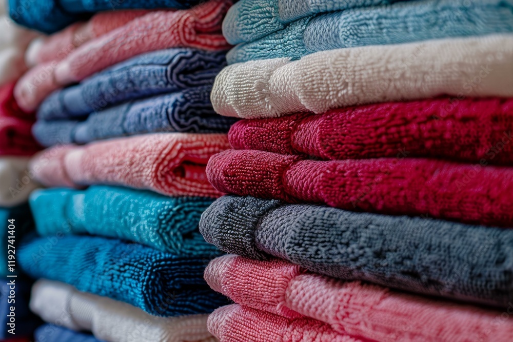 Poster soft cotton towels of different colors are folded and stacked on a shelf in a store, creating a visu