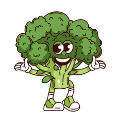Groovy happy broccoli cartoon character walking with open arms. Funny retro joyful green vegetable for healthy life. Food mascot, cartoon cute broccoli sticker of 70s 80s style vector illustration