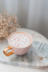 Cappuccino with heart decoration, party morning, Valentine's day, 14 February