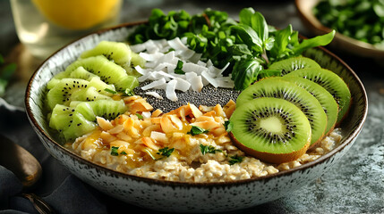 A vibrant and healthy breakfast bowl filled with oatmeal, kiwi, chia seeds, coconut flakes, and almonds.