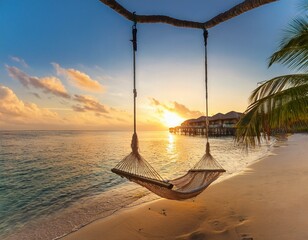 Obraz premium Generated image As golden sun rises over tropical beach, casting a warm glow on luxurious resort, panoramic