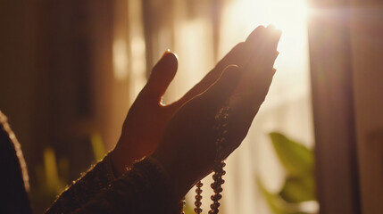 The silhouette of a someone hand with outstretched fingers reaches towards the light, a gesture of hope pray with a string of tasbih beads islam islamic muslim ramadan prayer