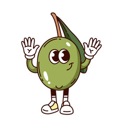 Groovy olive cartoon character with hands up and smile. Funny retro fruit for olive oil, greeting action of comic personage. Food ingredient mascot cartoon sticker of 70s 80s style vector illustration