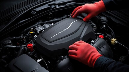 Hands Wearing Gloves Inspecting Engine Component