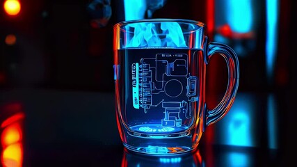 A glowing mug with steam rising, showcasing a technical design on its surface.