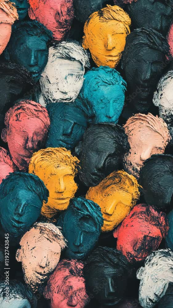 Poster colorful abstract representation of human faces created with vibrant paint textures in a clustered a