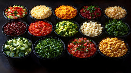 A vibrant assortment of colorful vegetables and grains in black bowls, offering a diverse and healthy culinary experience
