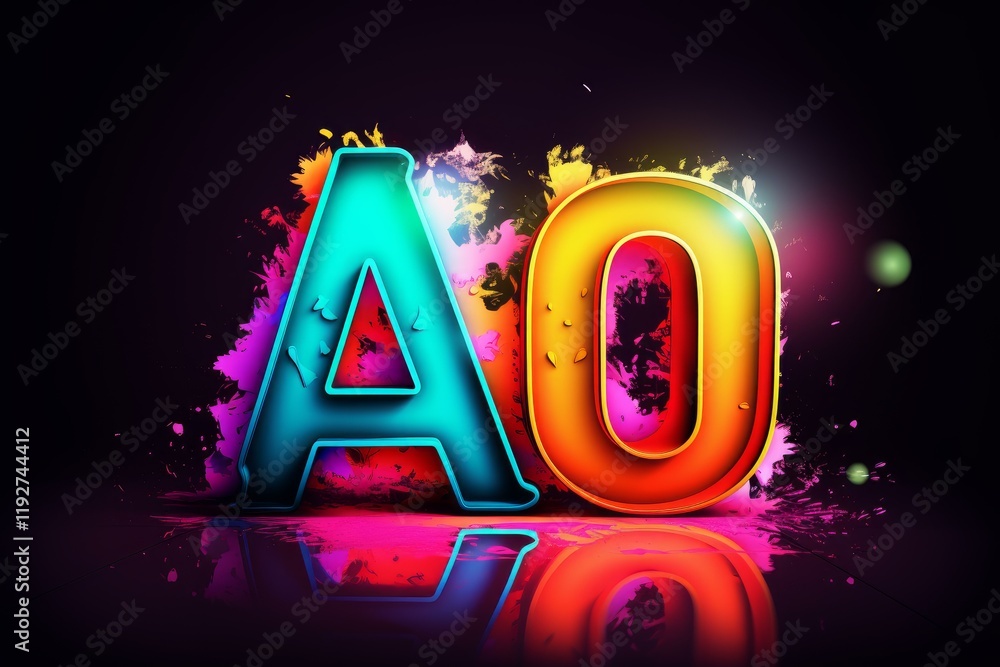 Poster vibrant ao text effect with paint splatter and reflection, ideal for graphic design projects