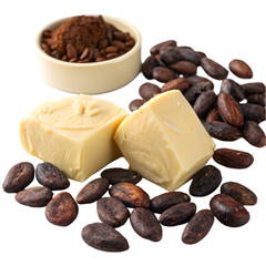 cacao butter and cacao beans on transparent background