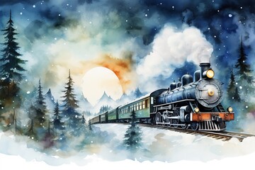 watercolor postcard retro train is traveling through a snowy forest at night