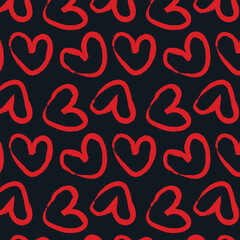 Trendy hand-drawn doodle brush seamless pattern with hearts. valentines day backgrounds. Black and red.
