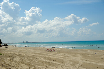 sunbeds and costline  at tropical beach