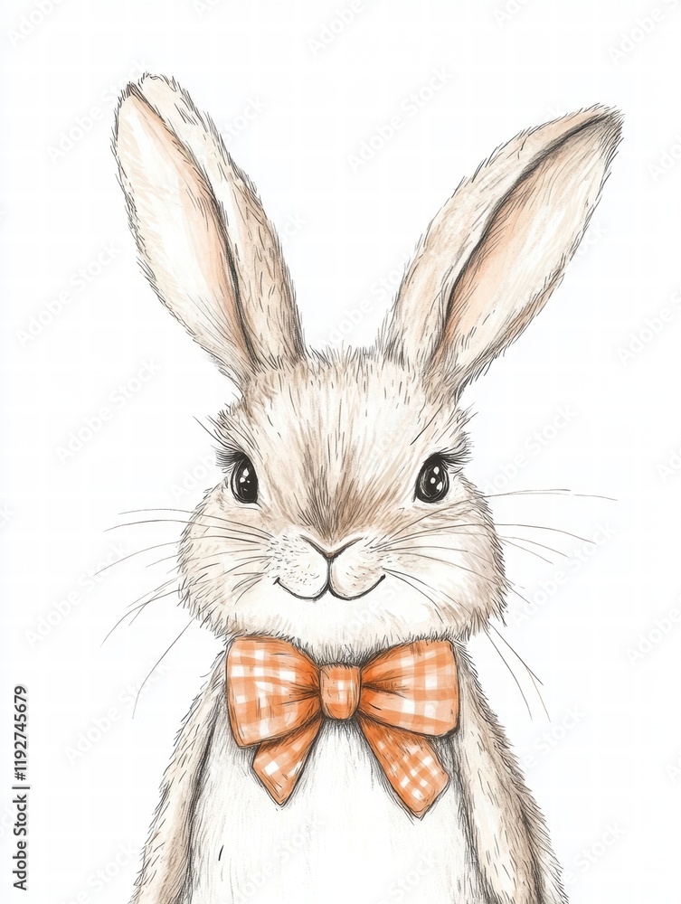 Aufkleber cute illustrated rabbit character wearing a checkered bow tie with a friendly expression in a whimsi