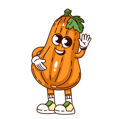 Groovy pumpkin cartoon character waving hand. Funny retro positive orange squash of autumn harvest greeting. Food, vegetable mascot, cartoon pumpkin sticker of 70s 80s style vector illustration