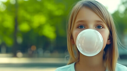 Adorable girl blowing a bubblegum bubble outdoors.  A heartwarming image perfect for blogs, websites, or advertising related to childhood, happiness, and summer fun.