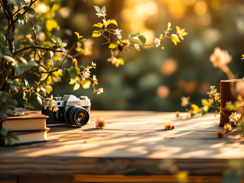 Vintage Camera and Books on Wooden Table in Golden Hour Sunlight