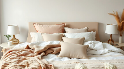Peaceful and Cozy Bedroom Interior Design: Soft Neutral Tones and Luxurious Bedding