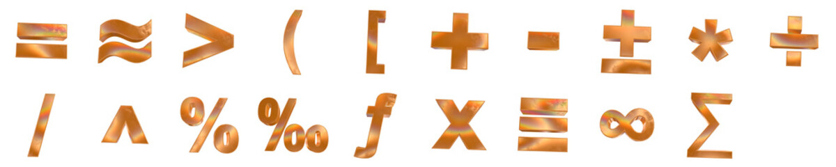 Obraz premium Set of 3d basic math symbols shapes with golden and rainbow effects isolated on a transparent background. 3d math elements for graphic design.