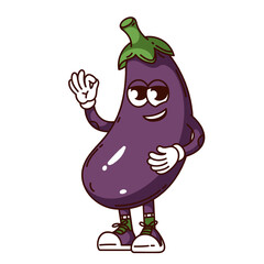 Groovy eggplant cartoon character with OK gesture. Funny retro confident vegetable showing zero fingers. Food mascot, cartoon cute purple eggplant sticker of 70s 80s style vector illustration