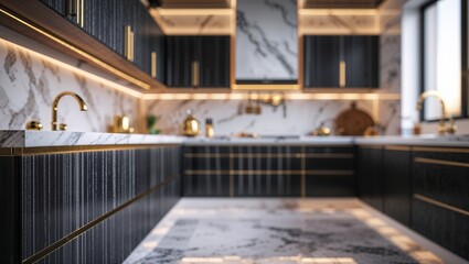 A contemporary, chic kitchen featuring stylish black and white cabinets, golden fixtures, and marble tiles